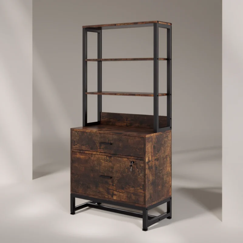 Rustic file cabinet with bookshelves in dark brown finish