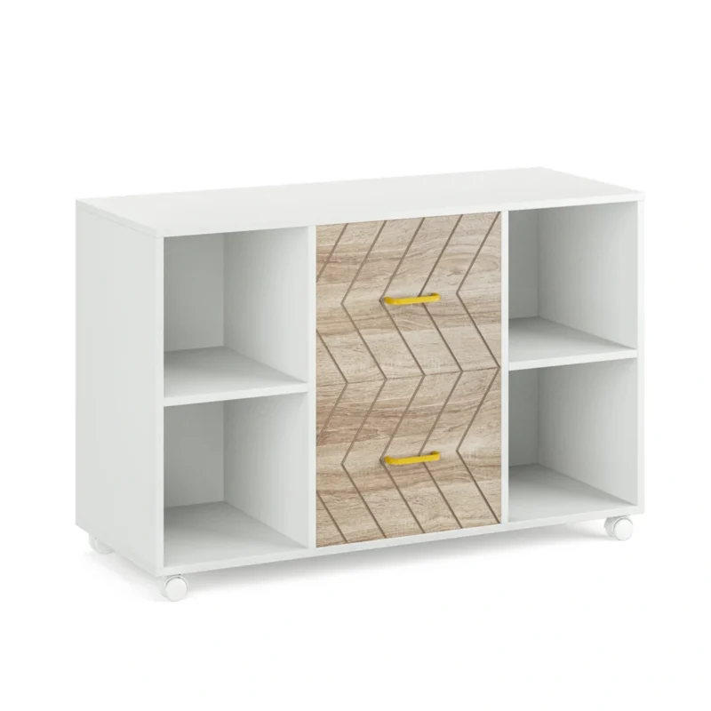 White wood mobile cabinet with chevron drawer front