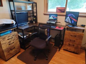 Reversible L-Shaped Computer Desk with Hutch and Open Shelves