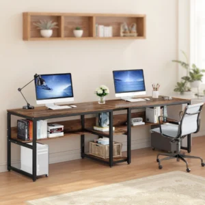 Double workstation desk with rustic brown wood top and metal frame, styled with dual monitors and bookshelves in a cozy home office.