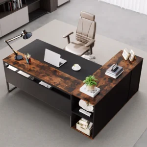 Contemporary office desk with rustic wood finish and black frame