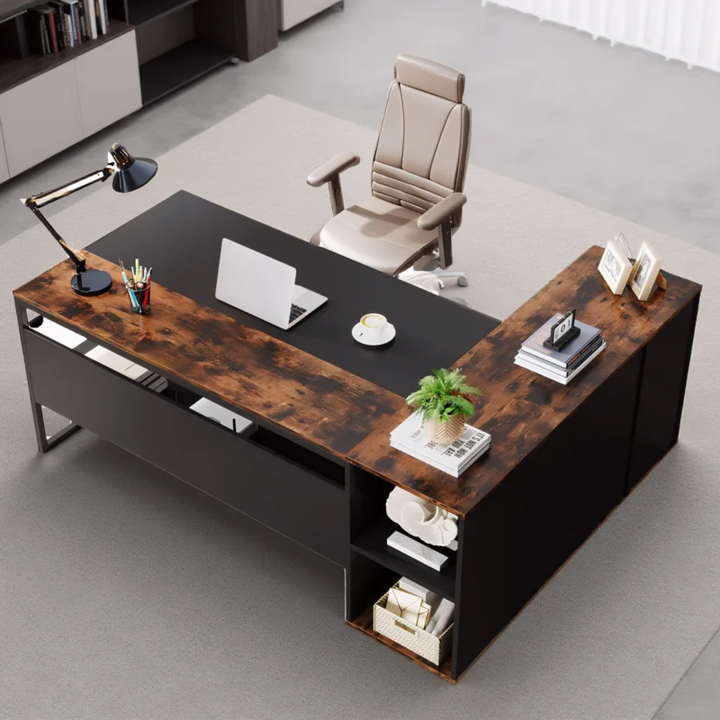 Contemporary office desk with rustic wood finish and black frame