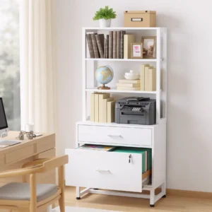 White office file cabinet with printer and bookshelf
