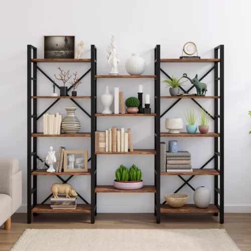 Black metal and wood 5-tier open bookshelf filled with books and home decor