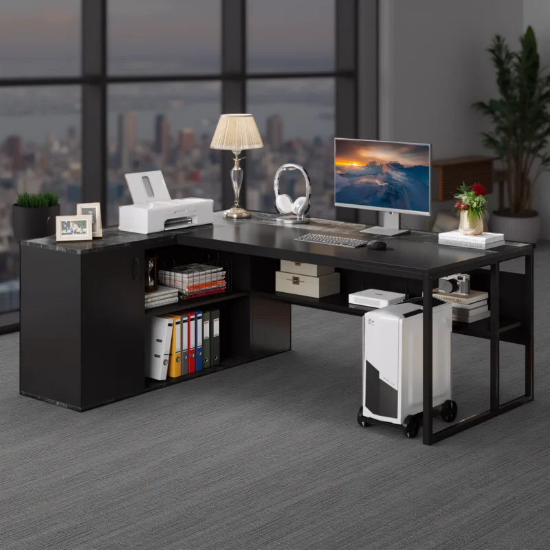 Modern L-shaped executive desk with black finish and storage cabinets
