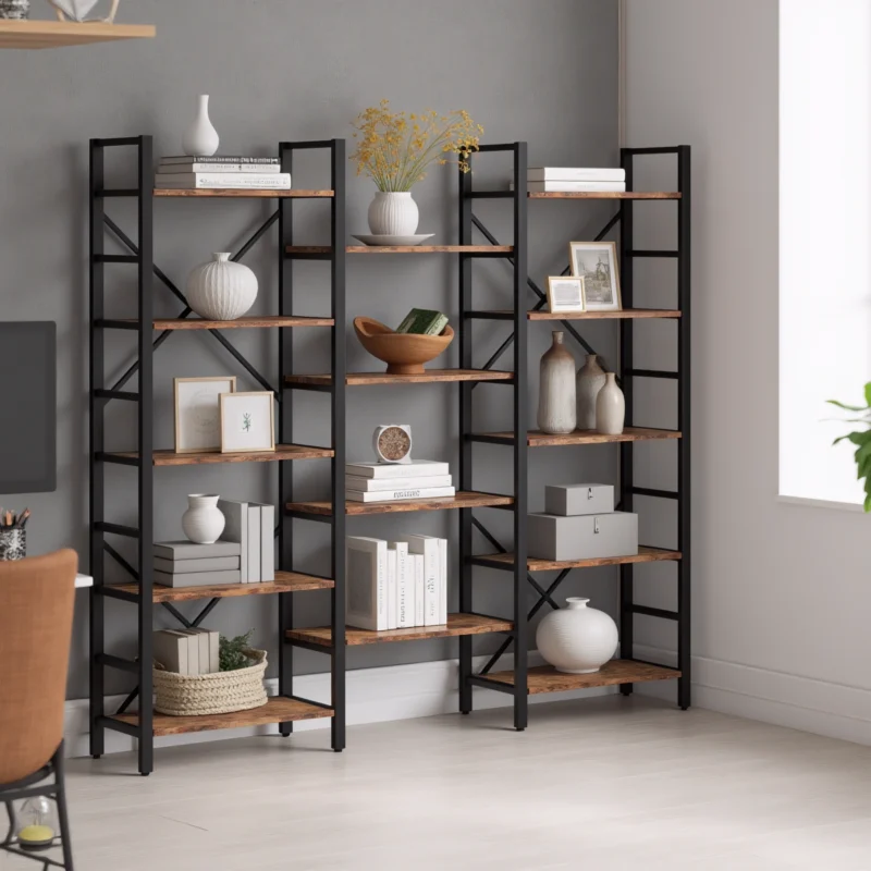 Triple bookshelf setup with black metal frame and wood shelves against a gray wall