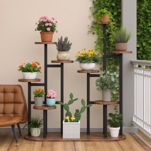 Black metal plant stand with wooden round shelves, fully decorated with potted plants