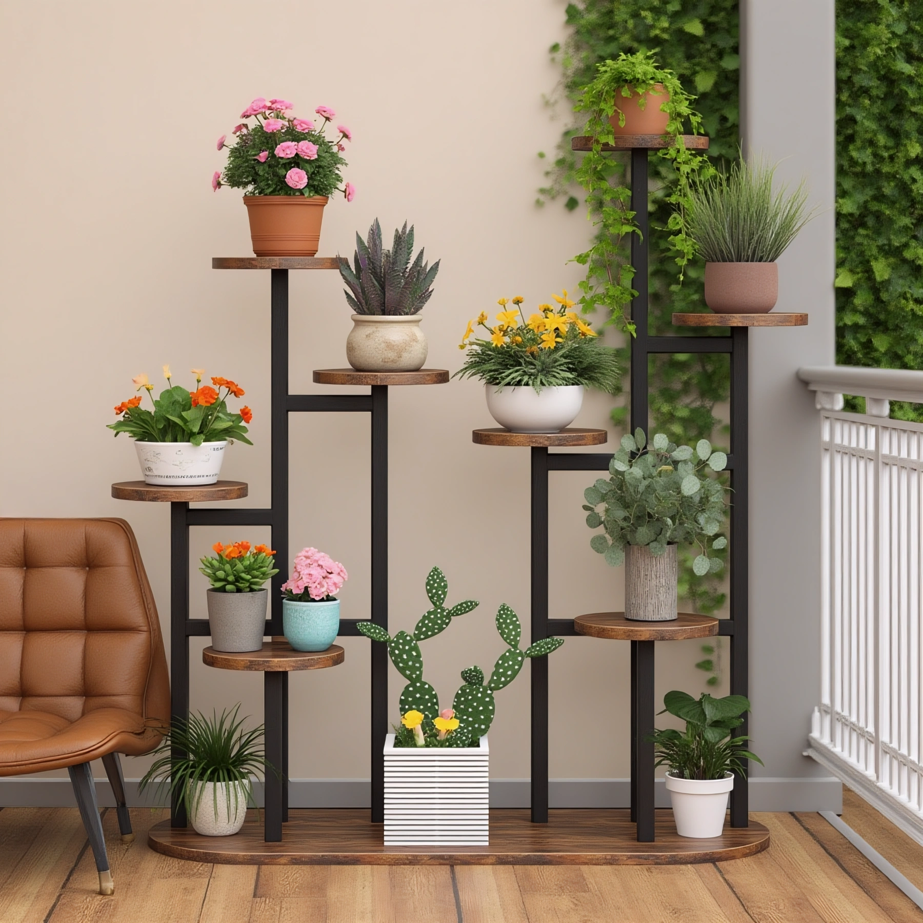 Black metal plant stand with wooden round shelves, fully decorated with potted plants