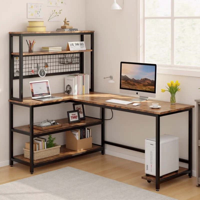 Rustic wood L-shaped desk with upper hutch and dual computers