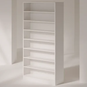 White tall shoe rack with 8 empty shelves