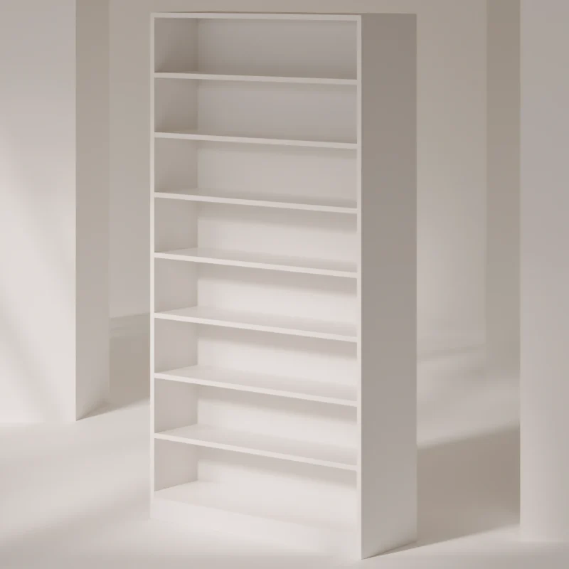 White tall shoe rack with 8 empty shelves