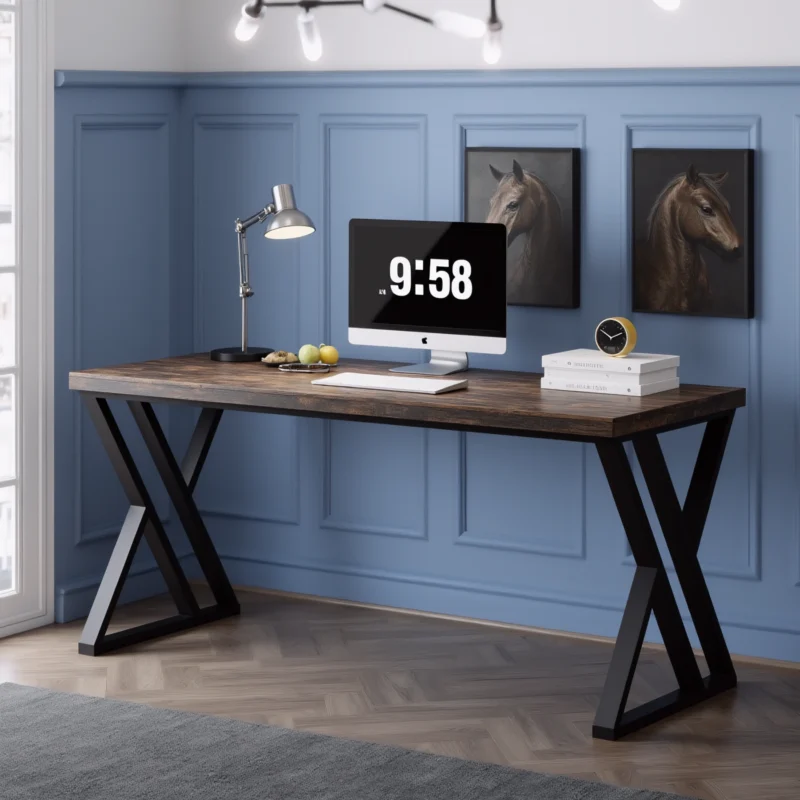 Office desk with X-frame legs in rustic wood finish, set against a blue panel wall