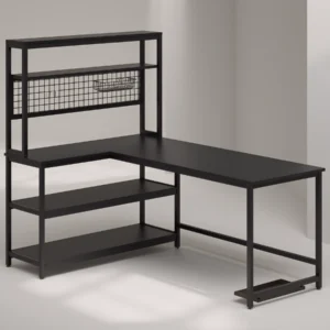 Minimalist black L-shaped desk with open shelves and grid panel