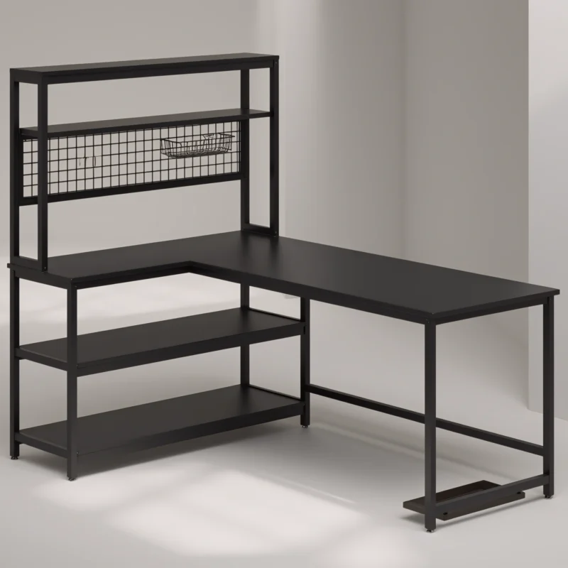 Minimalist black L-shaped desk with open shelves and grid panel