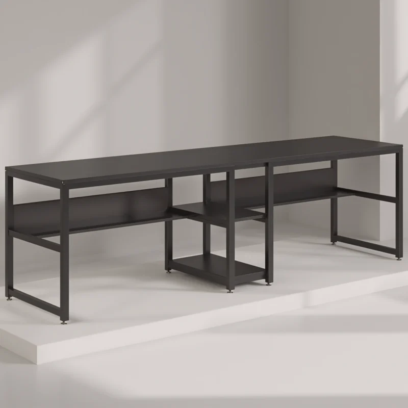 Minimalist black metal double computer desk on a white display platform, with open shelves for storage.