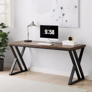 Rustic industrial X-frame desk with black metal legs and a dark wood top