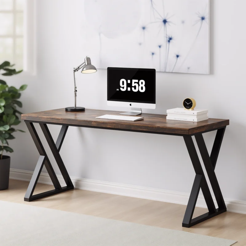 Rustic industrial X-frame desk with black metal legs and a dark wood top