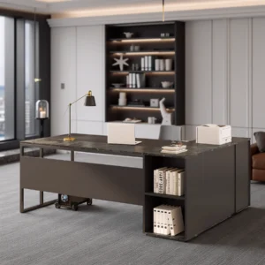 Minimalist L-shaped marble-top desk with black panel base