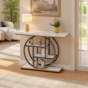 Modern console table with white marble top and dark grey frame