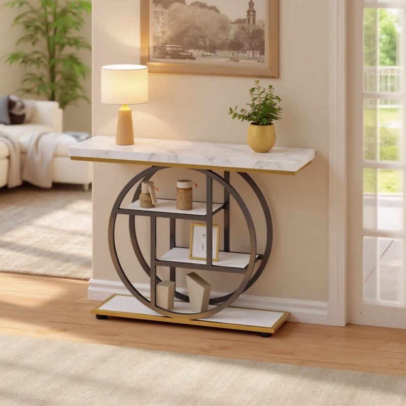 Modern console table with white marble top and dark grey frame