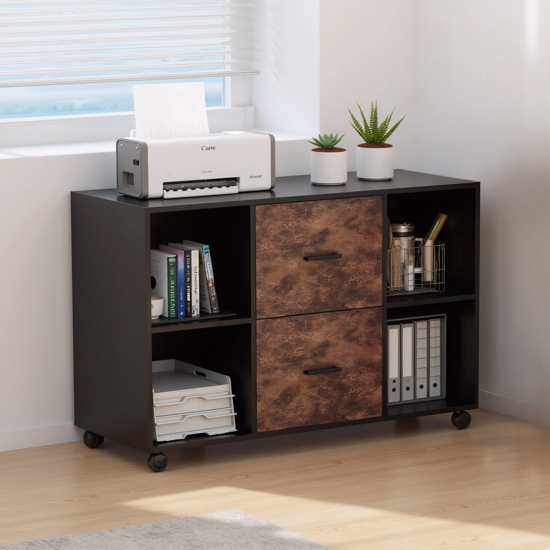 Multifunctional office cabinet with books and plants