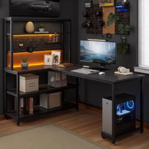 L-shaped computer desk with hutch and ambient backlighting