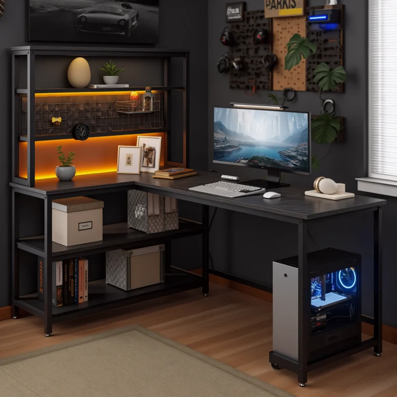 L-shaped computer desk with hutch and ambient backlighting