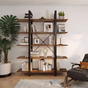 Display bookcase with wooden shelves and black industrial frame