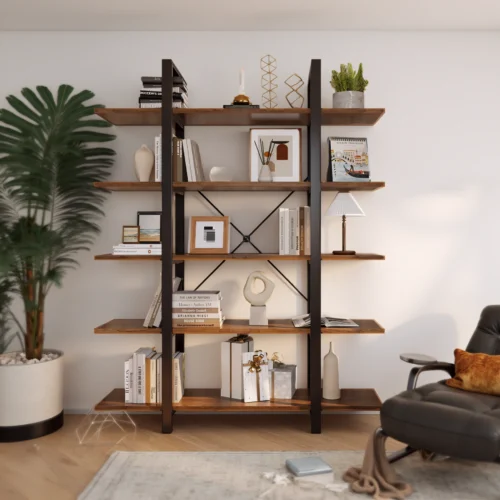 Display bookcase with wooden shelves and black industrial frame