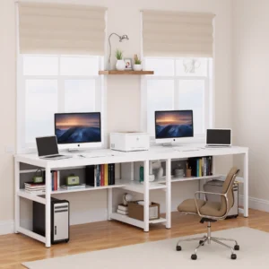 White modern double workstation desk setup with dual iMacs, books, and a beige leather office chair by large windows.