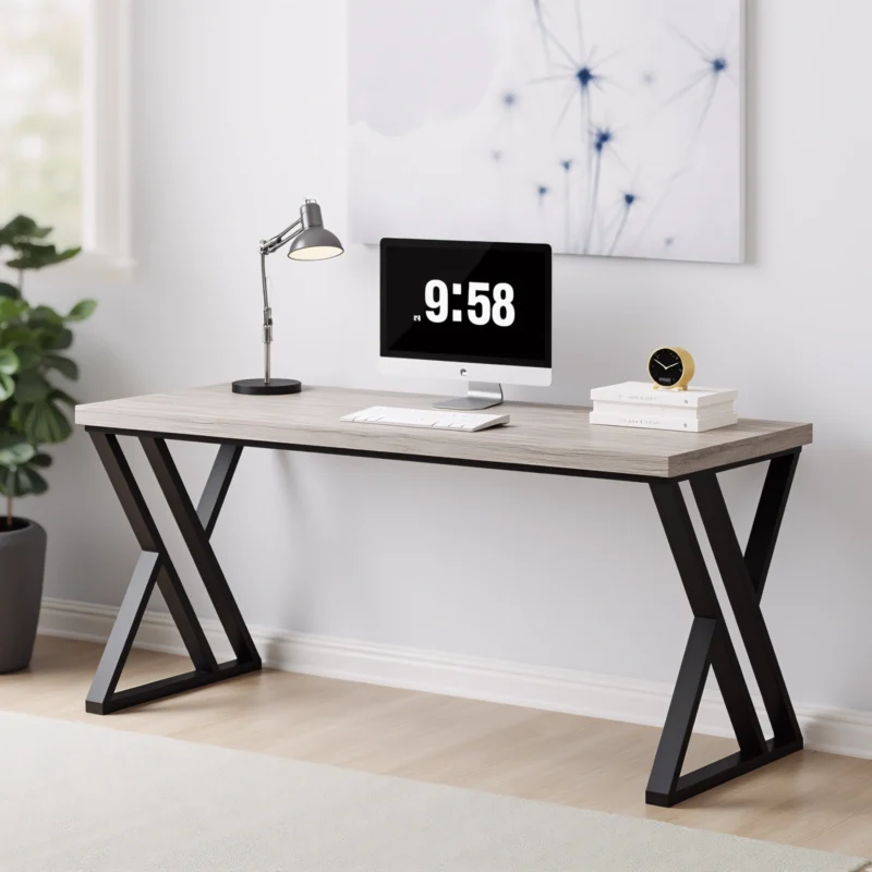 Home office desk with gray wood top and black X-frame legs in minimalist interior