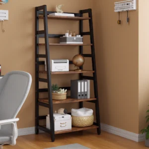 Black metal and wood ladder shelf in modern study corner