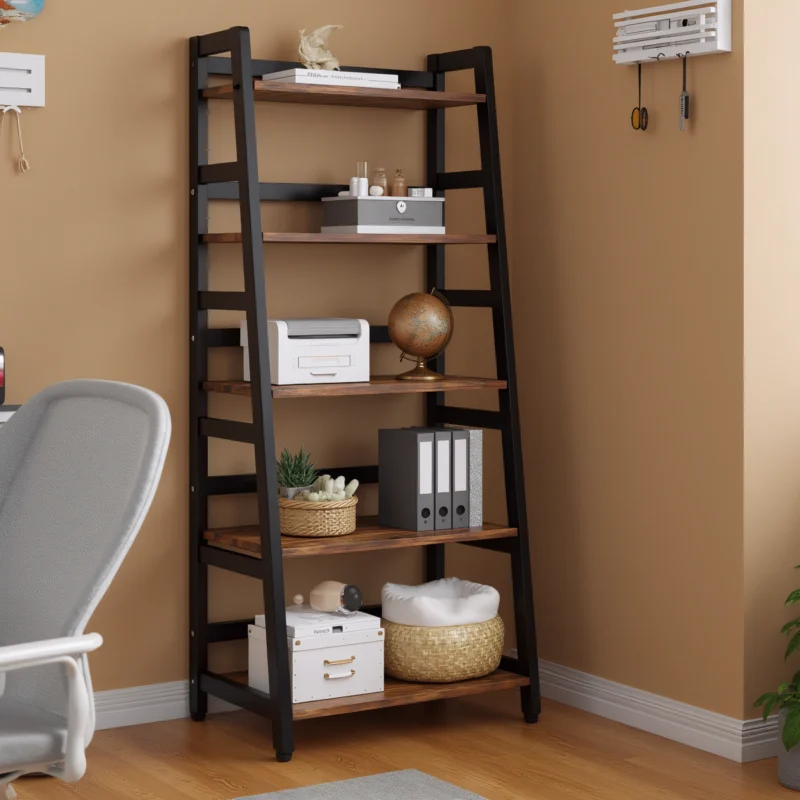 Black metal and wood ladder shelf in modern study corner