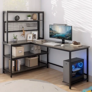 Gray wood L-shaped desk with hutch and computer setup