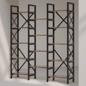 Empty triple industrial bookcase with black frame and rustic wood shelves