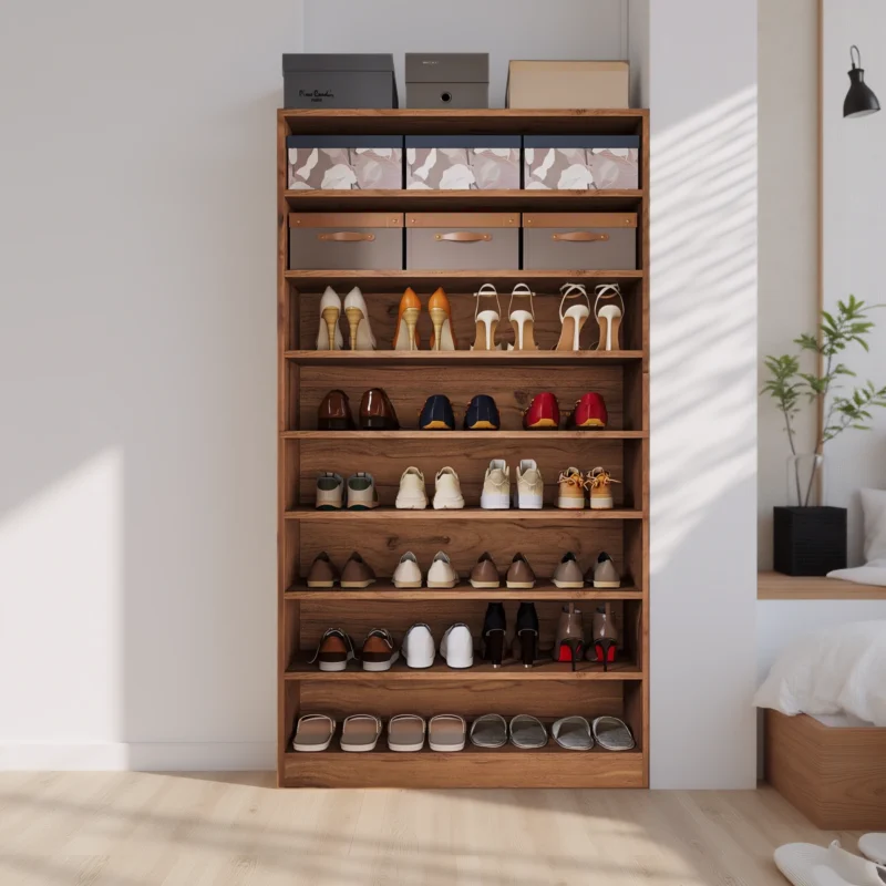 Wood grain shoe rack with heels and boxed storage in a bedroom corner