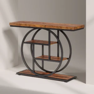 ndustrial console table with round iron base and walnut wood top