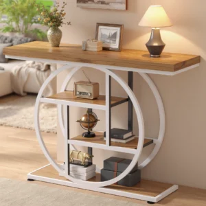 Console table with white circular metal base and wood grain top