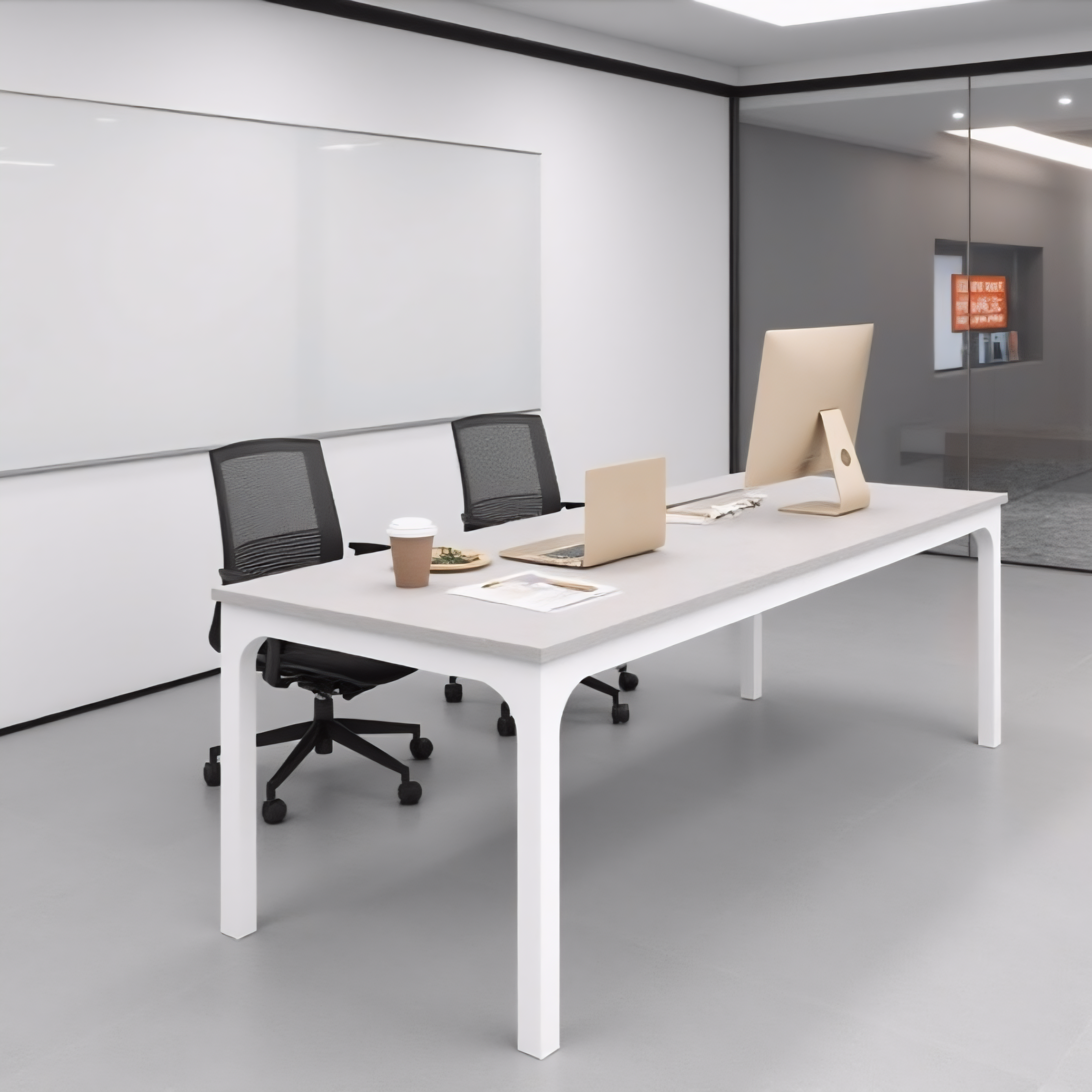 Modern white office desk with two mesh chairs and computers in a bright conference room