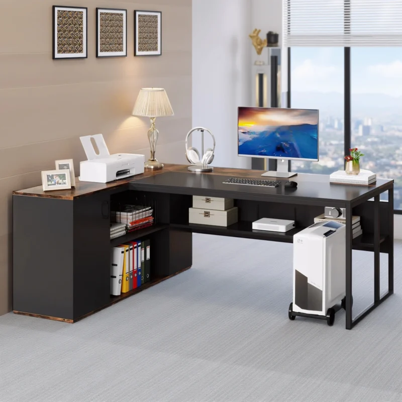 Executive desk with black top and wood trim
