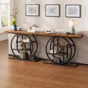 Dual circular base console table placed behind sofa for decoration