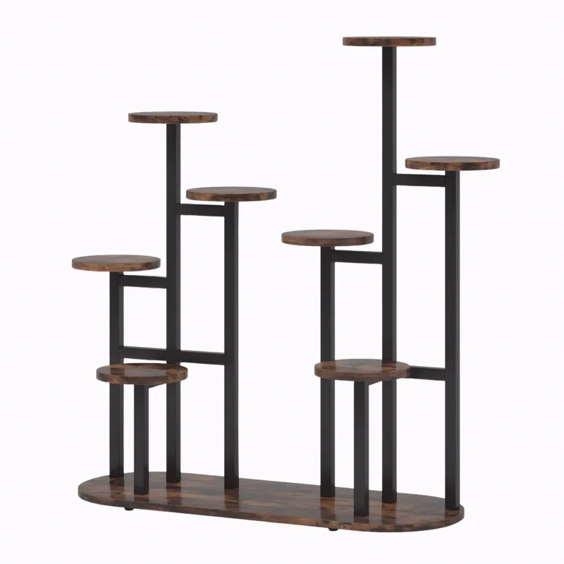 Empty black metal multi-level round plant shelf with wooden base