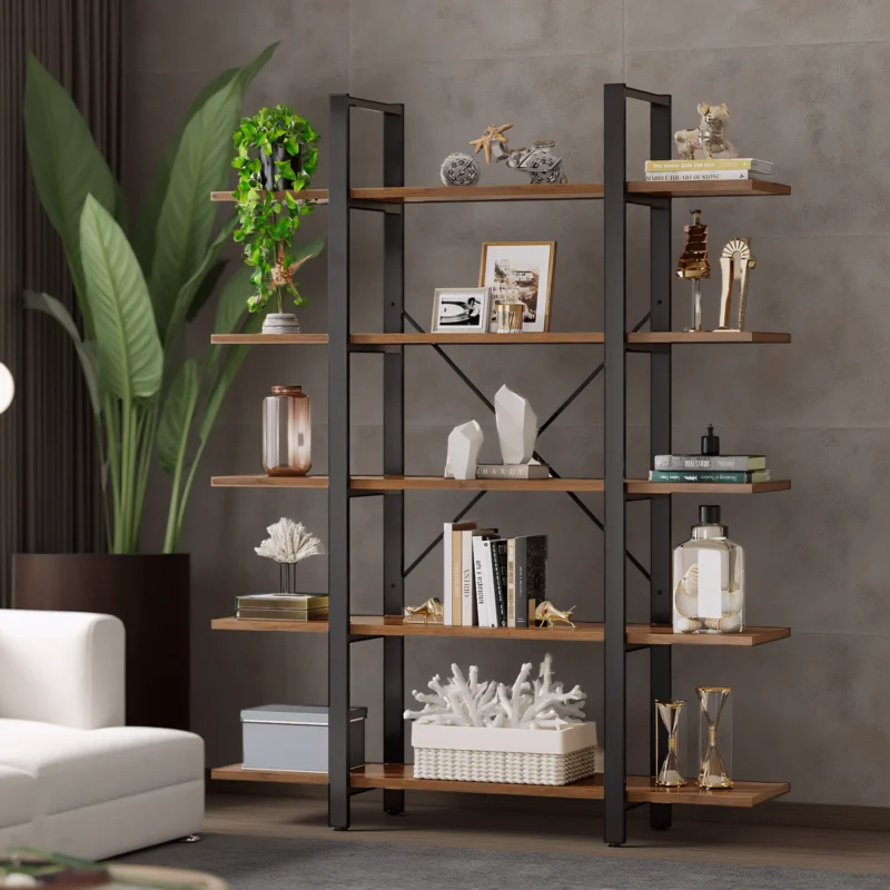 Wooden decorative display shelf against dark grey wall