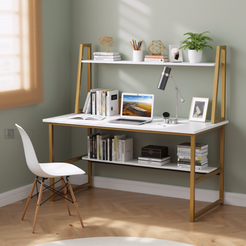 White and gold writing desk with bookshelf and desktop computer