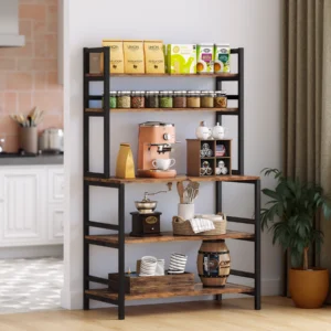 Coffee bar setup on a kitchen baker’s rack