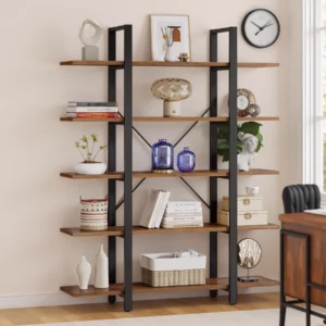 Industrial bookshelf showcasing home décor against beige wall