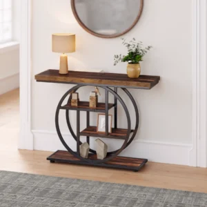 Console table with black metal frame and dark walnut top