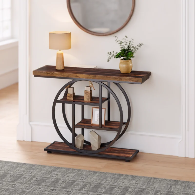 Console table with black metal frame and dark walnut top