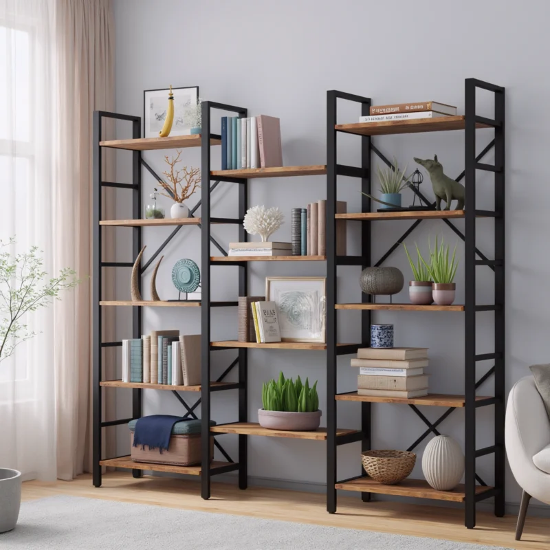 Triple bookshelf filled with decorative plants, books, and ceramics