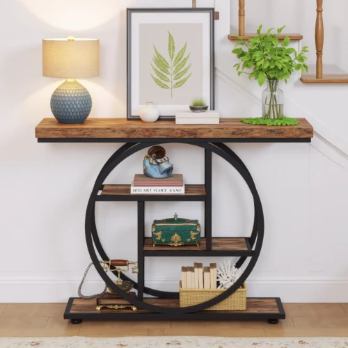Wood console table with decorative items placed near staircase